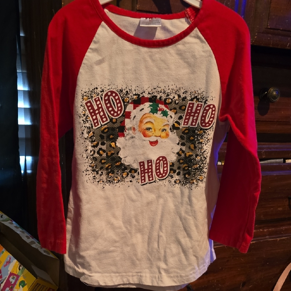 !!.              Girls L Red and White Santa Shirt
